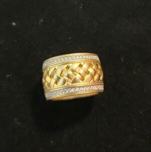 Elegant Freida Rothman Cigar Band Gold & Silver Braided Ring With Cubic Zirconia